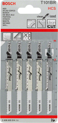 Lâminas de serra tico-tico Bosch T101BR para corte limpo de madeira.